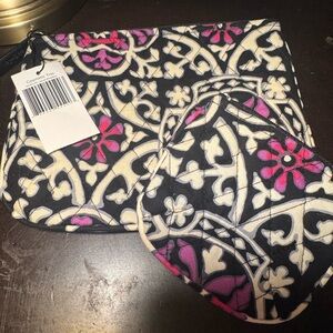 Vera Bradley Scroll Medallion Make Up Bag & Small Jewelry Bag Black Fuschia New!